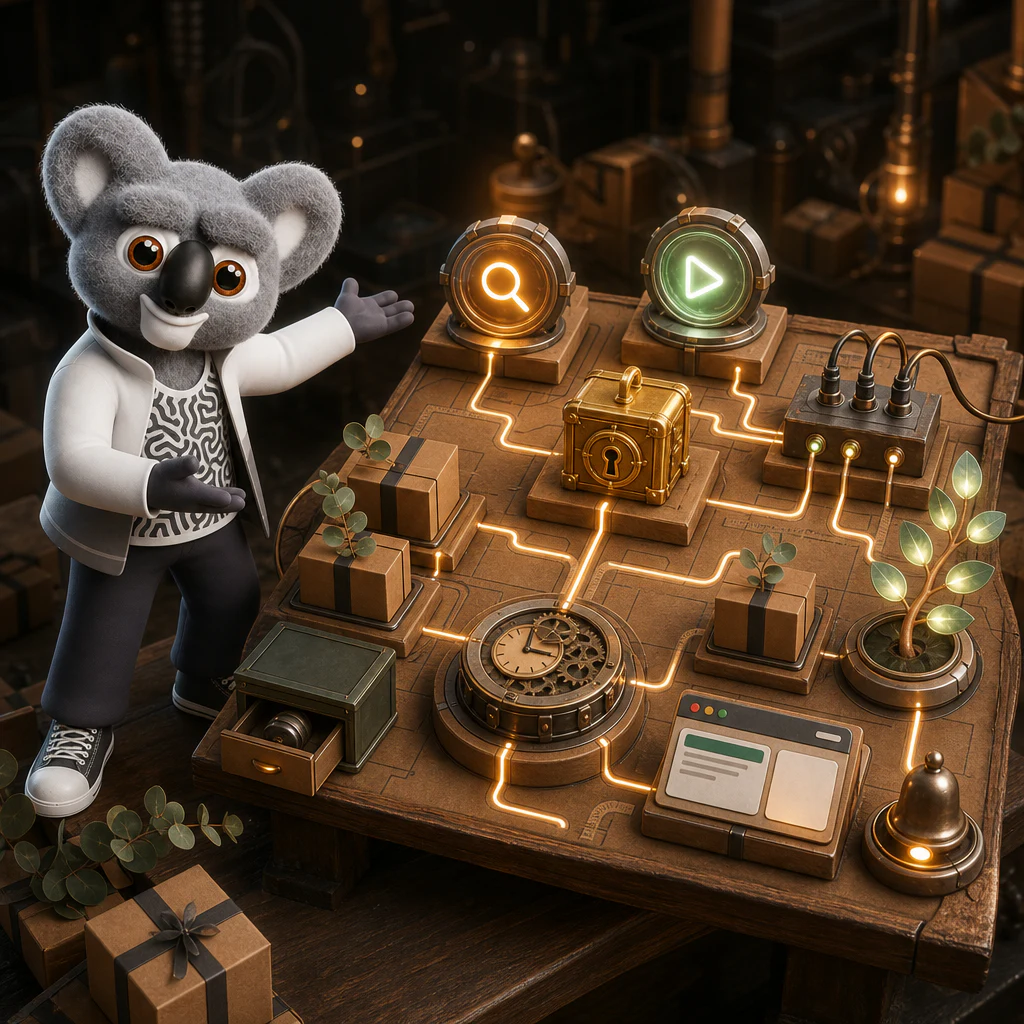 Kody, a 3D koala in a white jacket, presents a wooden factory board with a magnifying glass, a play button, a locked chest, and sprouting packages.