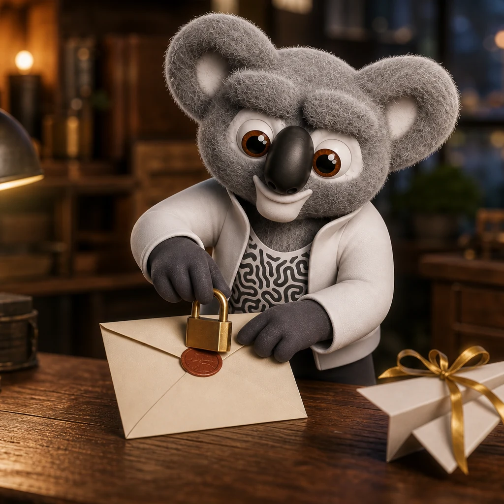Kody locking a sealed envelope with a gold padlock while a paper airplane sits tied with a gold ribbon