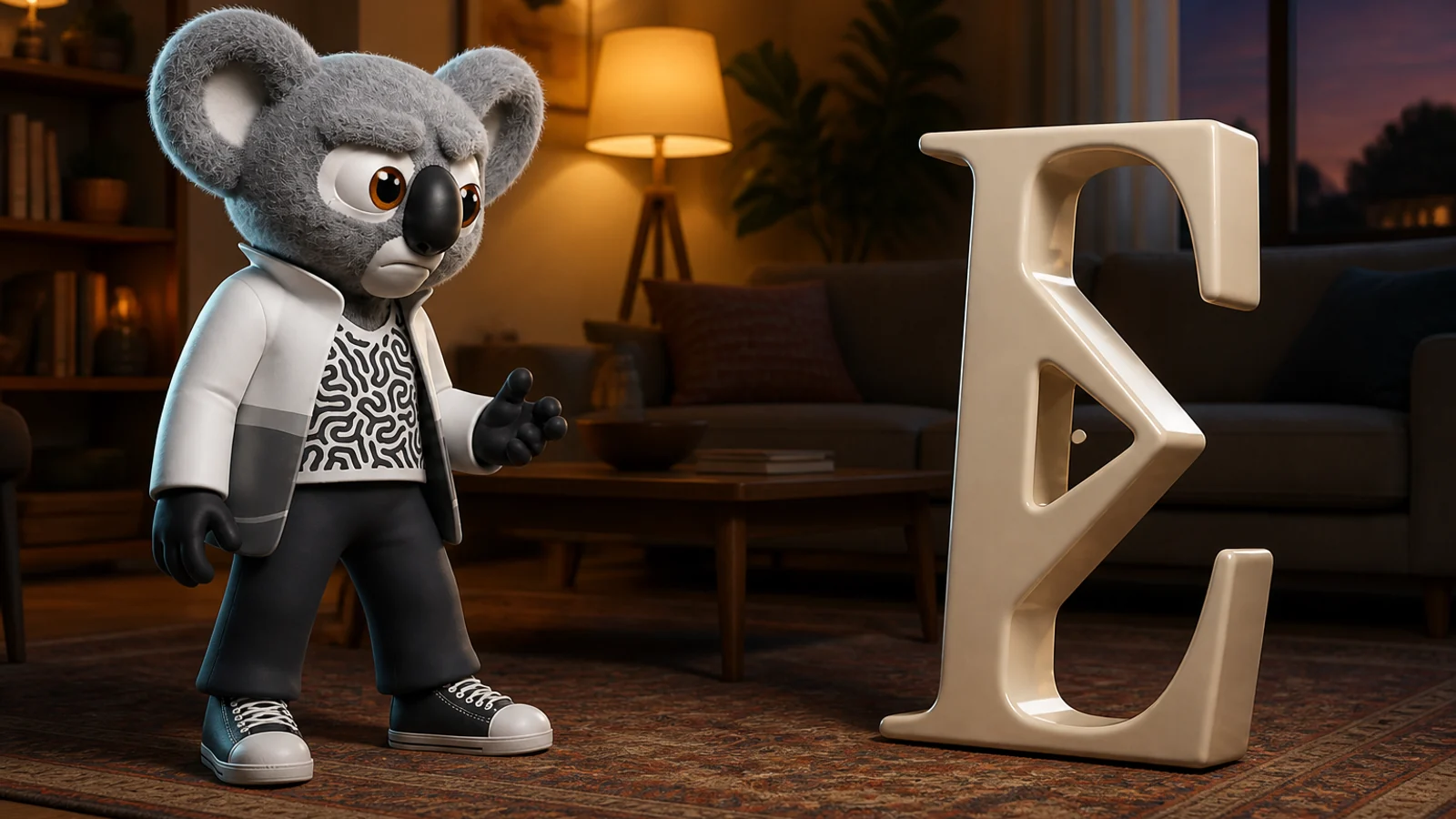 Kody, a 3D koala in a white jacket, and the cream Executor E logo size each other up in a warm living room.