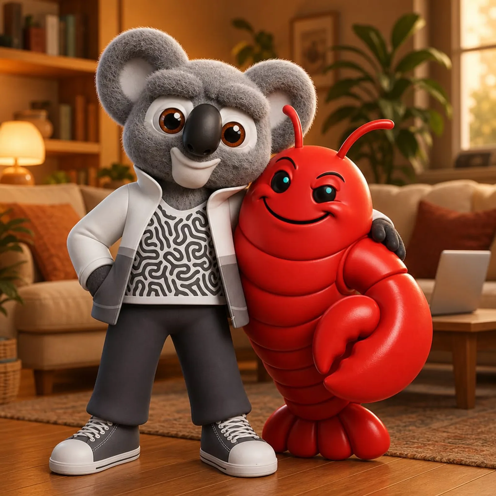Kody, a 3D koala in a white jacket, stands with his arm around OpenClaw, a glossy red lobster, in a warm living room.